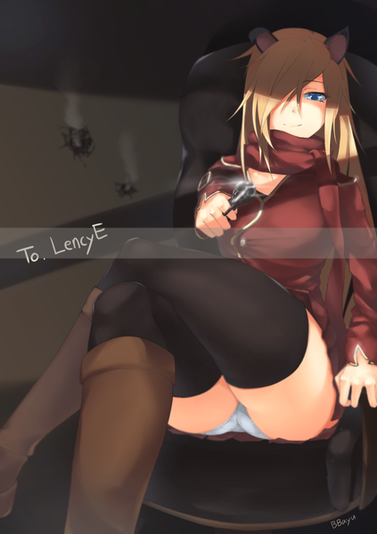 Anime picture 1200x1700 with bbayu single long hair tall image looking at viewer fringe blue eyes light erotic blonde hair smile sitting animal ears hair over one eye pantyshot girl thighhighs underwear panties weapon black thighhighs