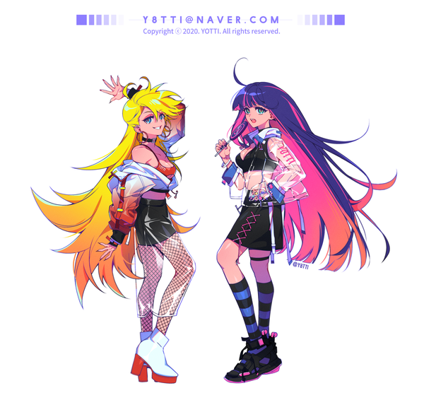 Anime picture 2000x1909 with panty & stocking with garterbelt anarchy stocking anarchy panty yotti (y8tti) long hair looking at viewer highres open mouth blue eyes simple background blonde hair smile standing white background multiple girls signed pink hair cleavage purple hair full body
