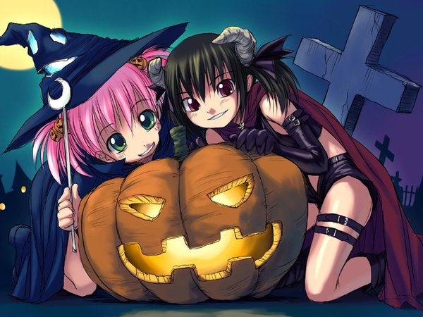Аниме картинка 1600x1200 с оригинальное изображение yu (bosshi) moe (bosshi) bosshi лёгкая эротика лоли хэллоуин ведьма демон овощи jack-o'-lantern тыква