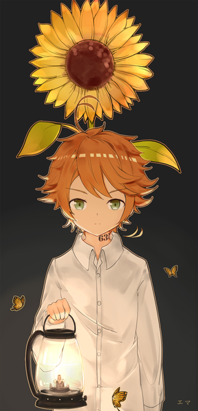 Anime picture 800x1661 with yakusoku no neverland cloverworks emma (yakusoku no neverland) heixie single tall image looking at viewer fringe short hair simple background standing holding green eyes ahoge upper body orange hair tattoo character names black background body writing