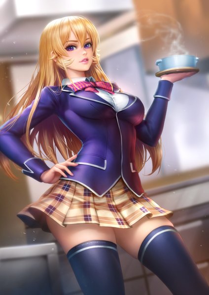Anime picture 2480x3508 with shokugeki no soma j.c. staff nakiri erina nudtawut thongmai single long hair tall image looking at viewer blush fringe highres breasts blonde hair hair between eyes purple eyes holding parted lips pleated skirt blurry realistic