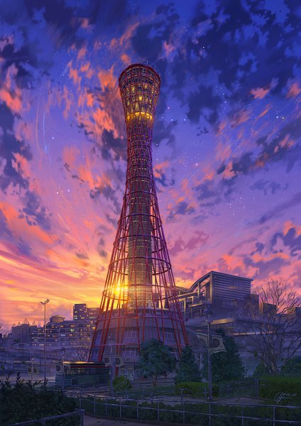 Anime picture 1357x1920 with original niko p tall image signed sky cloud (clouds) outdoors city evening sunset cityscape no people scenic plant (plants) tree (trees) star (stars) ground vehicle sun fence lamppost