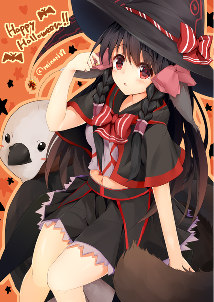 Anime picture 567x800 with utawareru mono utawareru mono: itsuwari no kamen white fox lultie (utawareru mono) minari (minari37) long hair tall image blush open mouth black hair red eyes braid (braids) halloween witch happy halloween girl dress bow animal bird (birds)