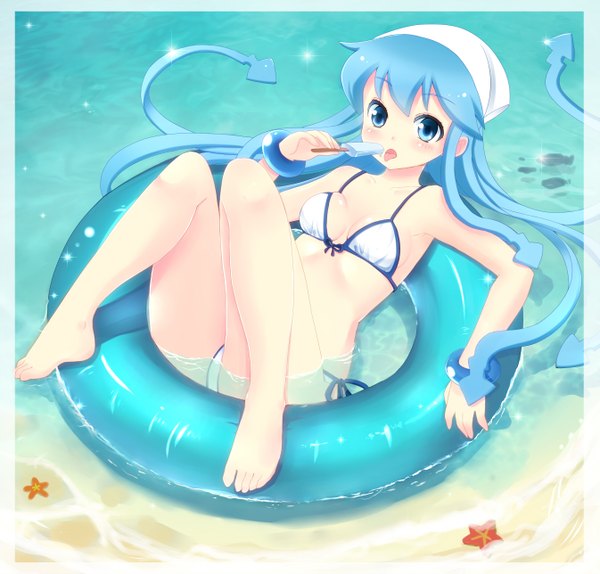 Anime picture 1345x1287 with shinryaku! ika musume ika musume mofumofu (minidora-dorara) single long hair blush blue eyes light erotic blue hair girl swimsuit bikini water food sweets ice cream swim ring