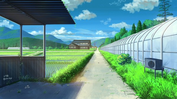 Anime picture 1280x720 with original niko p wide image signed sky cloud (clouds) outdoors shadow horizon mountain no people plant (plants) tree (trees) leaf (leaves) grass rice paddy