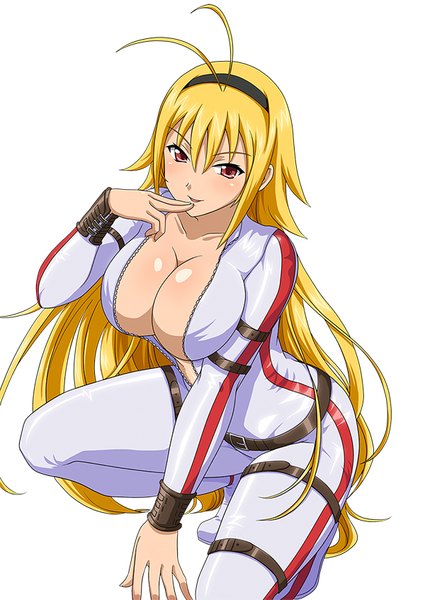 Anime picture 600x847 with ikkitousen chousen (ikkitousen) single tall image looking at viewer breasts light erotic simple background blonde hair red eyes large breasts white background cleavage ahoge very long hair girl hairband