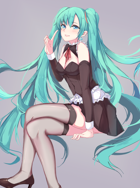 Anime picture 800x1075 with vocaloid hatsune miku muko (kokia38) single tall image looking at viewer blush fringe breasts blue eyes light erotic simple background smile sitting twintails bent knee (knees) very long hair aqua hair grey background mole