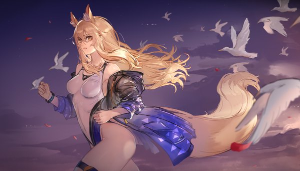 Anime picture 1350x768 with arknights nearl (arknights) nearl (shimmering dew) (arknights) ryuuzaki ichi single long hair looking at viewer fringe light erotic blonde hair hair between eyes wide image brown eyes animal ears sky outdoors tail animal tail official alternate costume horse ears