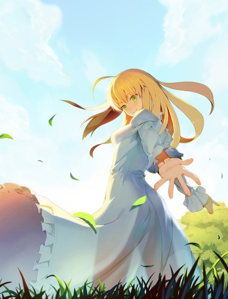 Anime picture 1144x1500 with fate (series) fate/stay night type-moon artoria pendragon (all) saber vmax-ver (a3eilm2s2y) single long hair tall image looking at viewer blush fringe blonde hair smile standing green eyes sky cloud (clouds) ahoge head tilt
