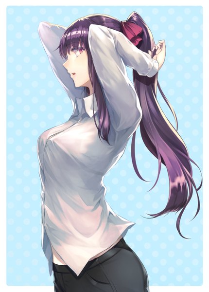 Anime picture 1107x1546 with fate (series) fate/grand order scathach (fate) (all) scathach (fate) omoti (1201208) single long hair tall image looking at viewer fringe open mouth hair between eyes purple hair ponytail long sleeves profile pink eyes border arms behind head polka dot
