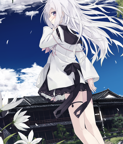 Anime picture 831x975 with original nagishiro mito single long hair tall image looking at viewer blush standing purple eyes sky cloud (clouds) white hair profile wind from below arm behind back girl skirt flower (flowers) black skirt