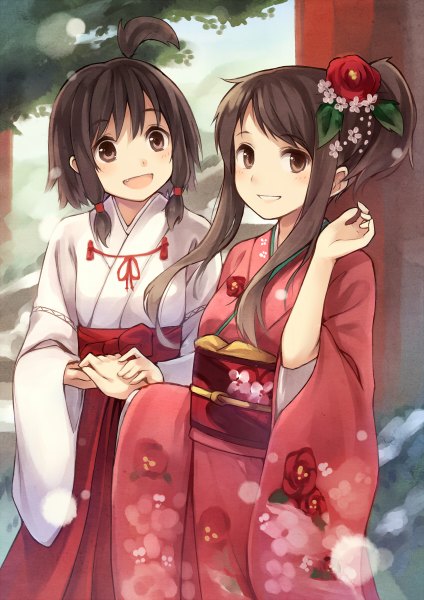 Anime picture 848x1200 with girls log vol.4 (artbook) original kyuri long hair tall image blush short hair open mouth black hair smile multiple girls brown eyes ahoge traditional clothes japanese clothes hair flower girl hair ornament flower (flowers) 2 girls