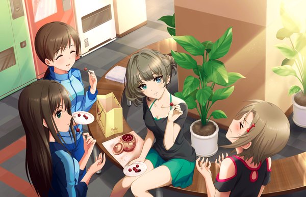 Anime picture 1280x824 with idolmaster idolmaster cinderella girls shibuya rin takagaki kaede nitta minami tada riina long hair blush short hair open mouth blue eyes black hair smile brown hair sitting multiple girls eyes closed grey hair nation blue girl