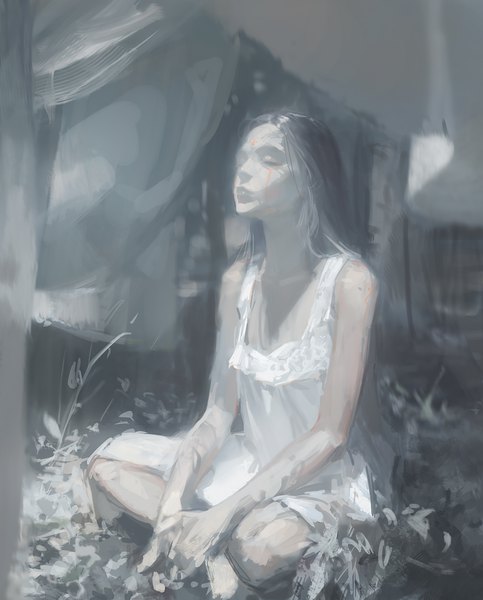 Anime picture 1500x1863 with original dino (dinoartforame) single long hair tall image sitting indoors eyes closed grey hair realistic sleeveless indian style girl plant (plants)