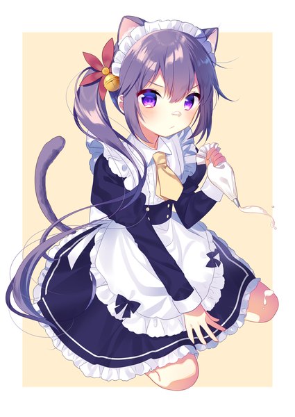 Anime picture 1002x1416 with kantai collection akebono destroyer mafuyu (chibi21) single long hair tall image looking at viewer blush fringe simple background hair between eyes sitting purple eyes holding animal ears payot bent knee (knees) tail animal tail pleated skirt