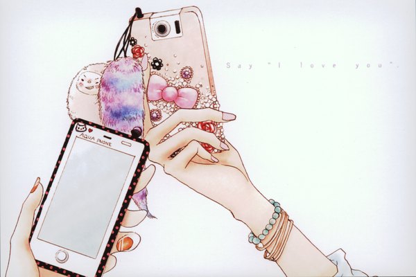 Anime picture 3488x2328 with suki-tte ii na yo zexcs hazuki kanae highres simple background white background absurdres nail polish copyright name text english nail art bracelet jewelry phone hands trinket cellphone strap