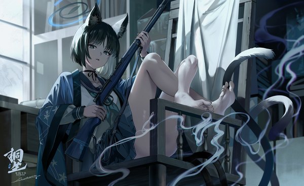 Anime picture 1600x978 with blue archive kikyou (blue archive) neko (yanshoujie) single looking at viewer fringe short hair open mouth blue eyes light erotic black hair wide image sitting holding full body bent knee (knees) indoors tail blunt bangs nail polish