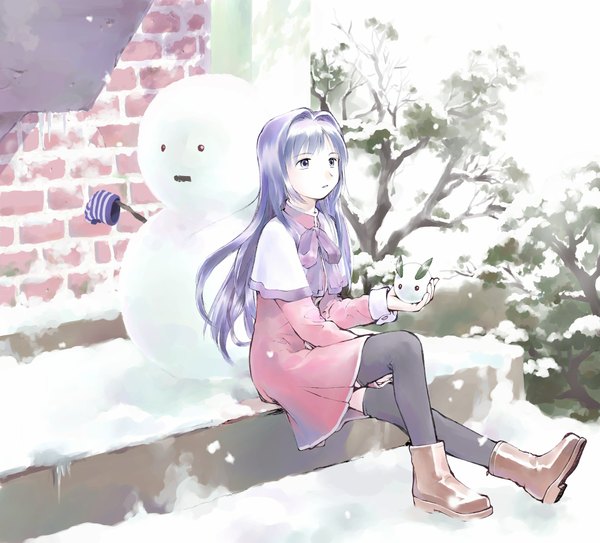 Anime picture 2125x1924 with kanon key (studio) minase nayuki yoshizuki kumichi single long hair highres sitting blue hair winter snow girl plant (plants) tree (trees) bunny snowman