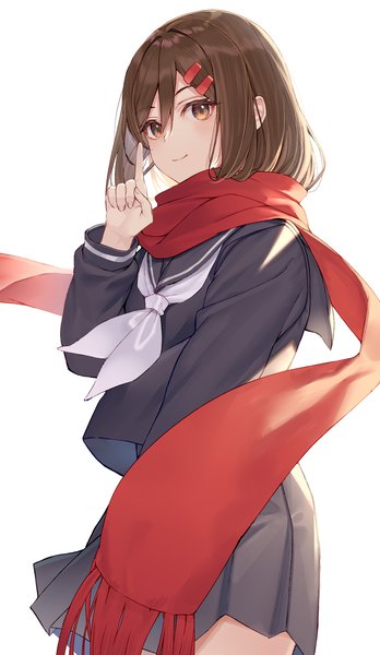 Anime picture 851x1467 with kagerou project shaft (studio) tateyama ayano arl single tall image looking at viewer short hair simple background brown hair standing white background brown eyes wind girl skirt uniform serafuku hairclip scarf