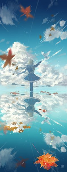 Anime picture 1298x3300 with original mikan (artist) single long hair tall image blonde hair standing signed sky cloud (clouds) from behind outstretched arm reflection girl animal pantyhose scarf bird (birds) hood leaf (leaves)