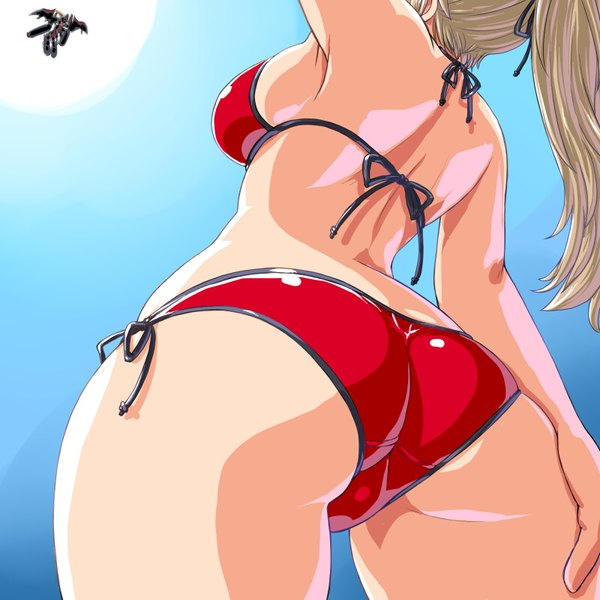 Anime picture 800x800 with busou shinki arnval dd (ijigendd) single long hair breasts light erotic sky ass ponytail arm up from behind arms up from below looking up arched back arm behind back humanization trefoil girl