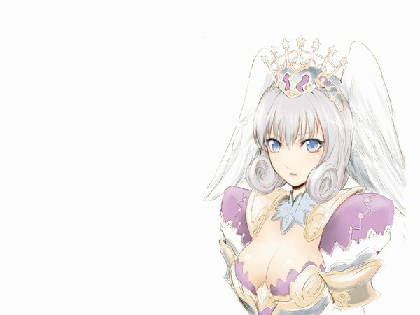 Anime picture 1280x960 with xenoblade melia antiqua tagme (artist) blush short hair breasts blue eyes light erotic simple background blonde hair white background grey hair head wings girl wings armor crown