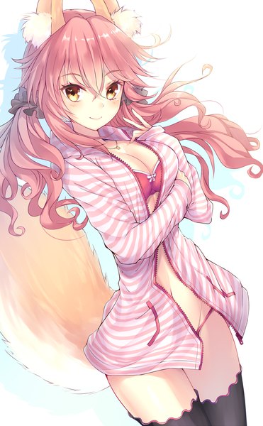 Anime picture 720x1165 with fate (series) fate/extra tamamo (fate) (all) tamamo no mae (fate) pdxen single long hair tall image blush fringe breasts light erotic simple background smile hair between eyes large breasts white background twintails brown eyes animal ears