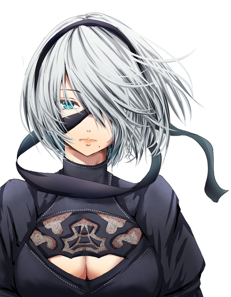 Anime picture 758x973 with nier nier:automata yorha no. 2 type b nuru himmel single tall image looking at viewer fringe short hair breasts blue eyes light erotic simple background white background silver hair upper body lips hair over one eye mole floating hair