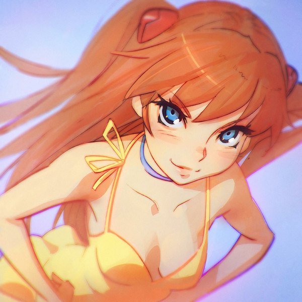 Anime picture 1080x1080 with neon genesis evangelion gainax soryu asuka langley ilya kuvshinov single long hair looking at viewer blush fringe blue eyes simple background smile twintails cleavage from above orange hair purple background hands on hips smirk >:)