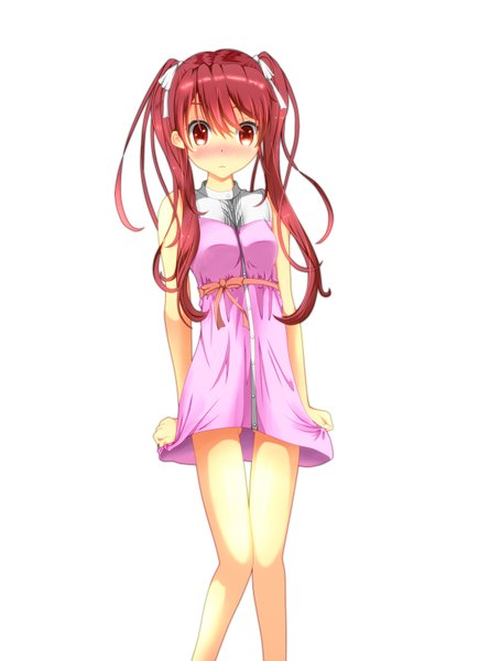 Anime picture 1227x1690 with another p.a. works akazawa izumi miyawakikai single long hair tall image looking at viewer blush simple background red eyes white background twintails red hair girl sundress