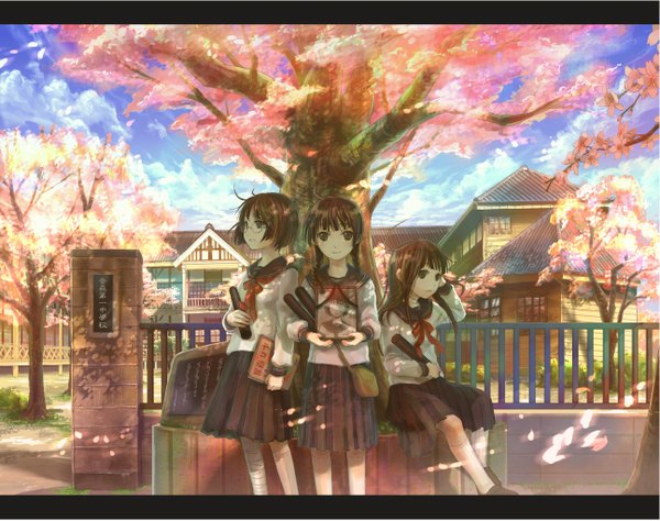 Anime picture 1293x1023 with original fuzichoco long hair short hair brown hair sitting multiple girls sky cloud (clouds) braid (braids) light smile tears twin braids cherry blossoms portrait landscape graduation girl uniform plant (plants)