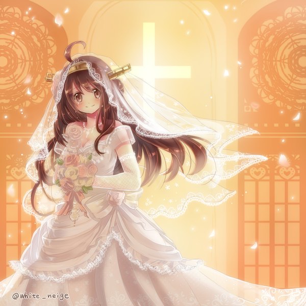 Anime picture 2048x2048 with kantai collection kongou battleship white s long hair blush highres smile brown hair brown eyes ahoge tears wedding girl dress gloves hair ornament flower (flowers) petals elbow gloves bouquet