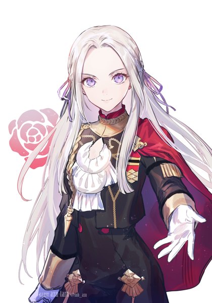 Anime picture 800x1143 with fire emblem fire emblem: three houses nintendo edelgard von hresvelg azutarou single long hair tall image looking at viewer simple background smile standing purple eyes signed upper body white hair long sleeves outstretched hand girl gloves