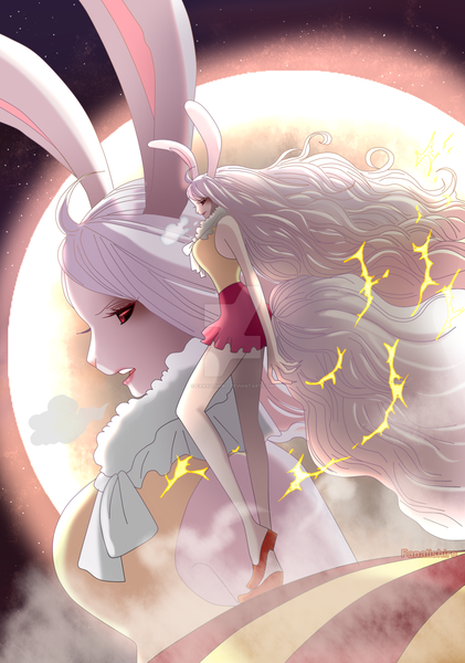 Anime picture 1280x1823 with one piece toei animation carrot (one piece) fanalishiro single tall image breasts open mouth red eyes standing signed animal ears looking away full body ahoge white hair tail very long hair animal tail profile