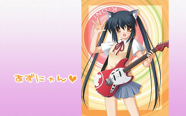 Anime picture 1920x1200 with k-on! kyoto animation nakano azusa blush highres black hair wide image twintails animal ears yellow eyes cat ears serafuku guitar