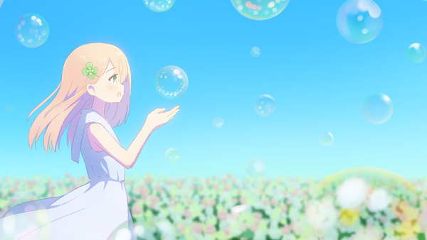 Anime picture 2560x1440 with original tyakomis single long hair highres open mouth blonde hair wide image green eyes looking away sky outdoors :d profile wind blurry girl dress white dress bobby pin