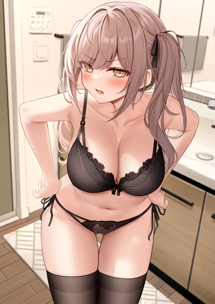 Anime picture 2894x4093 with original monaka curl single long hair tall image blush fringe highres breasts open mouth light erotic brown hair large breasts standing twintails brown eyes looking away cleavage indoors leaning