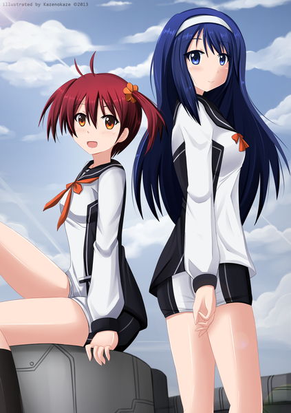 Anime picture 1400x1985 with vividred operation isshiki akane futaba aoi (vividred operation) kazenokaze long hair tall image short hair open mouth blue eyes red eyes sitting multiple girls blue hair cloud (clouds) red hair girl 2 girls shorts