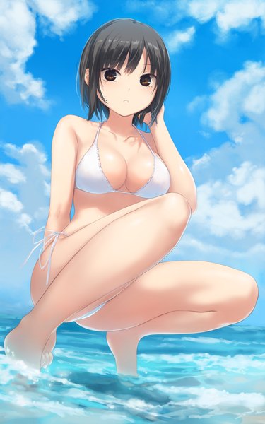 Anime picture 1279x2047 with original aoyama sumika coffee-kizoku single tall image looking at viewer fringe short hair breasts light erotic black hair large breasts brown eyes sky cleavage cloud (clouds) full body outdoors parted lips barefoot