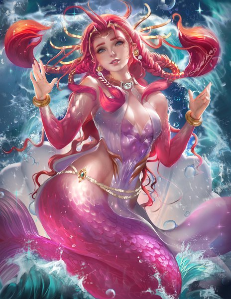 Anime picture 1159x1500 with original sakimichan single long hair tall image looking at viewer fringe breasts light erotic parted lips head tilt lips realistic arms up teeth lipstick pink lipstick monster girl zodiac cancer (zodiac)