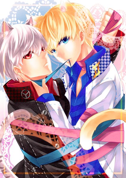 Anime picture 744x1052 with persona 4 persona narukami yuu argent-ag (artist) tall image fringe short hair blue eyes simple background blonde hair red eyes white background holding animal ears silver hair tail animal tail aqua eyes cat ears multiple boys