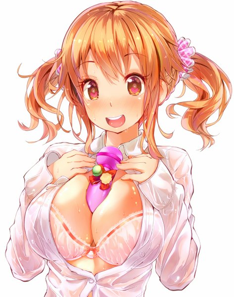 Anime picture 1000x1269 with idolmaster idolmaster cinderella girls totoki airi hato haru single tall image blush highres breasts open mouth light erotic brown hair twintails cleavage wet huge breasts wet clothes between breasts girl underwear