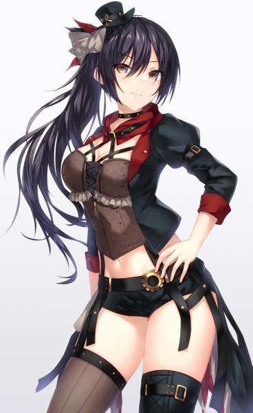 Anime picture 737x1200 with idolmaster idolmaster shiny colors shirase sakuya shindou tsurami single long hair tall image looking at viewer fringe breasts black hair simple background smile hair between eyes standing white background yellow eyes payot cleavage ponytail