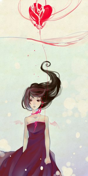 Anime picture 800x1600 with original kaytseki single long hair tall image looking at viewer open mouth brown hair standing bare shoulders brown eyes bat wings girl dress wings heart fist pink dress balloon thread