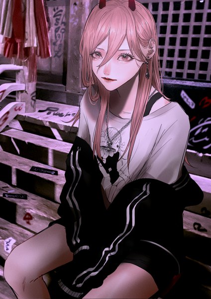 Anime picture 2894x4093 with chainsaw man mappa power (chainsaw man) mano aaa single long hair tall image looking at viewer fringe highres hair between eyes sitting pink hair pink eyes horn (horns) off shoulder open jacket piercing ear piercing hands in sleeves