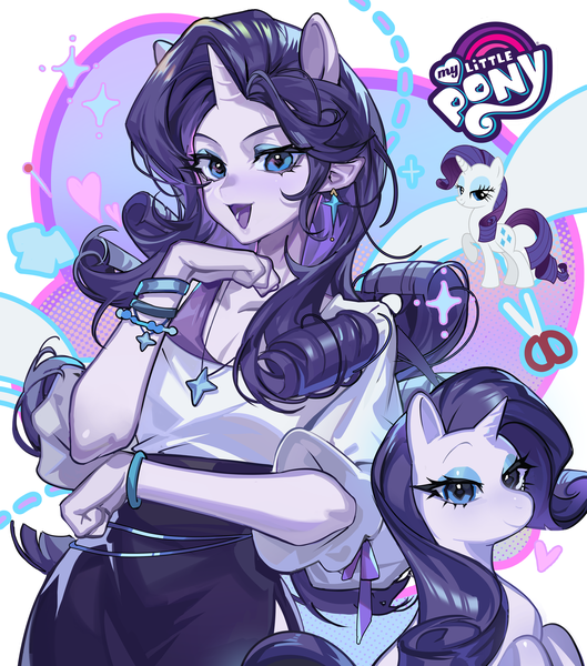 Anime picture 4100x4650 with my little pony rarity mato-c single long hair tall image looking at viewer blush highres open mouth blue eyes standing animal ears absurdres cleavage purple hair :d horn (horns) pointy ears sparkle