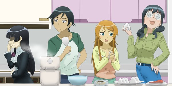 Anime-Bild 1600x800 mit ore no imouto ga konna ni kawaii wake ga nai gokou ruri kousaka kirino kousaka kyousuke makishima saori bi no ossan long hair short hair blue eyes black hair wide image multiple girls black eyes orange hair group cooking girl boy glasses food