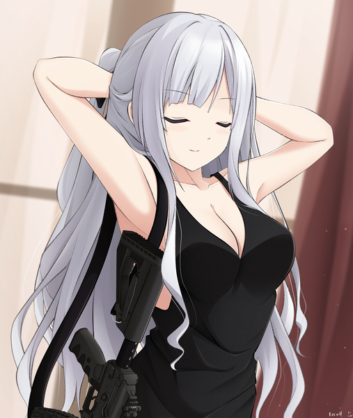 Anime picture 1674x1980 with girls frontline ak-12 (girls frontline) keenh single long hair tall image fringe light erotic smile standing signed cleavage upper body indoors eyes closed grey hair blurry arms up armpit (armpits) dutch angle