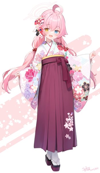 Anime picture 640x1101 with blue archive hoshino (blue archive) zcx single long hair tall image fringe open mouth hair between eyes twintails pink hair full body ahoge traditional clothes :d japanese clothes loli heterochromia low twintails floral print