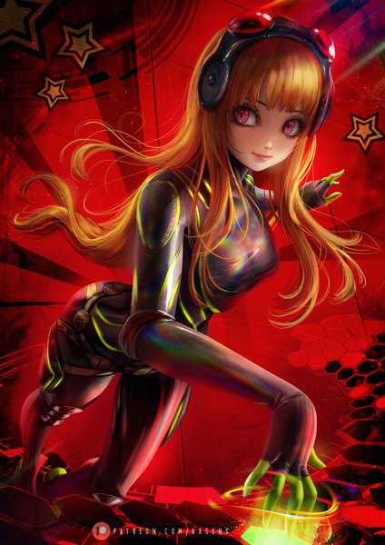 Anime picture 3532x5000 with persona 5 persona sakura futaba axsen single long hair tall image looking at viewer fringe highres smile brown hair standing signed absurdres blunt bangs pink eyes realistic girl headphones